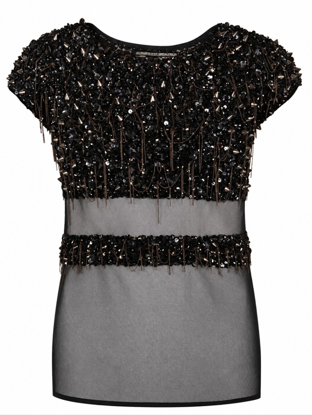 AllSaints Black Hand Embellished Sheer Top, Size 36
